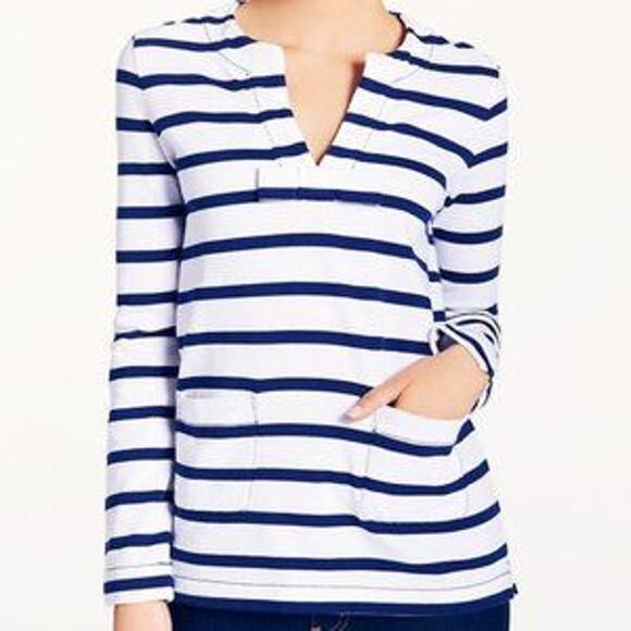 Kate Spade Tropez Navy Blue & White Nautical Striped Bow Detail Top Women's L - Picture 1 of 6